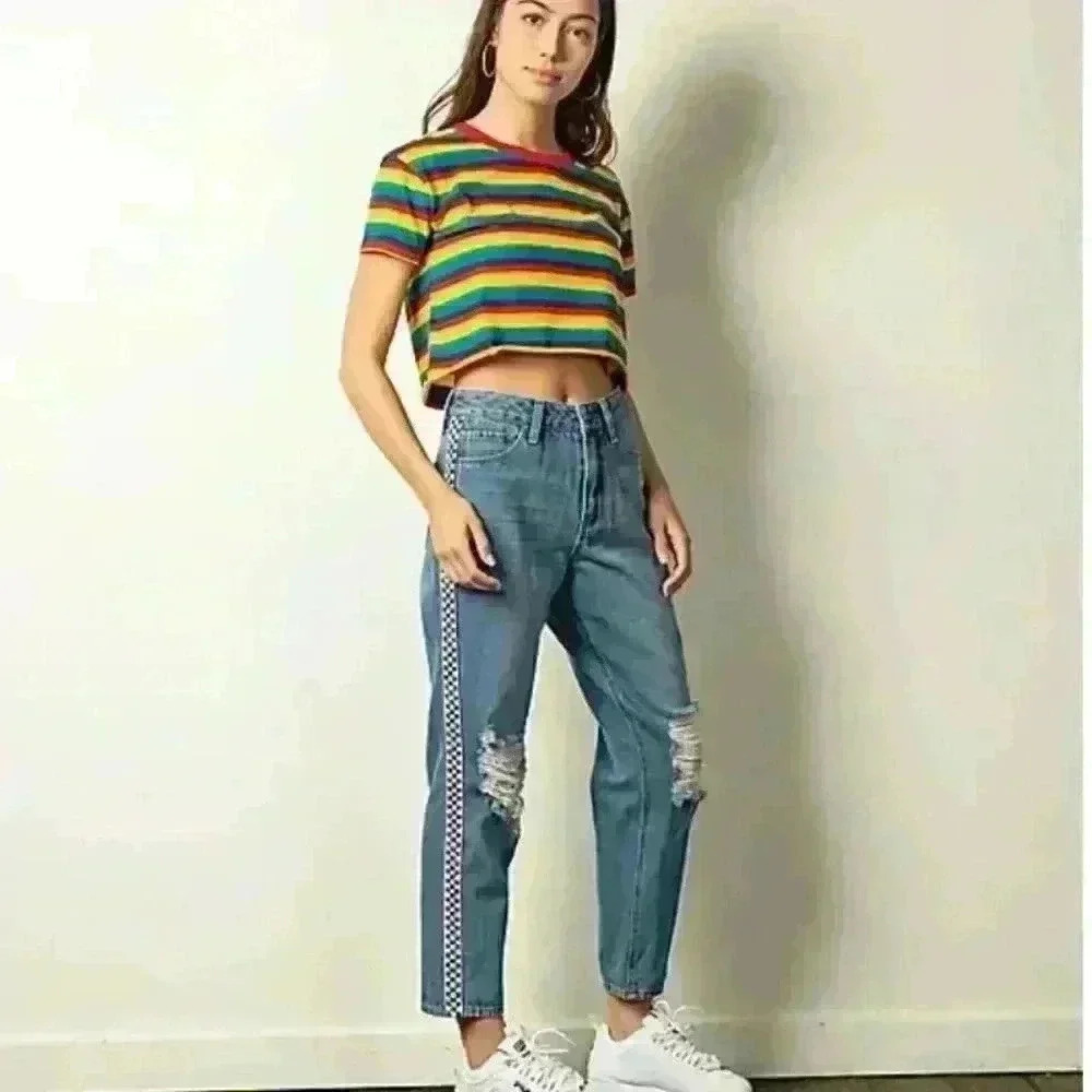 Empyre Eileen Checkered Striped Medium Wash Mom Jeans Size 0 Zumiez Distressed - Picture 3 of 15